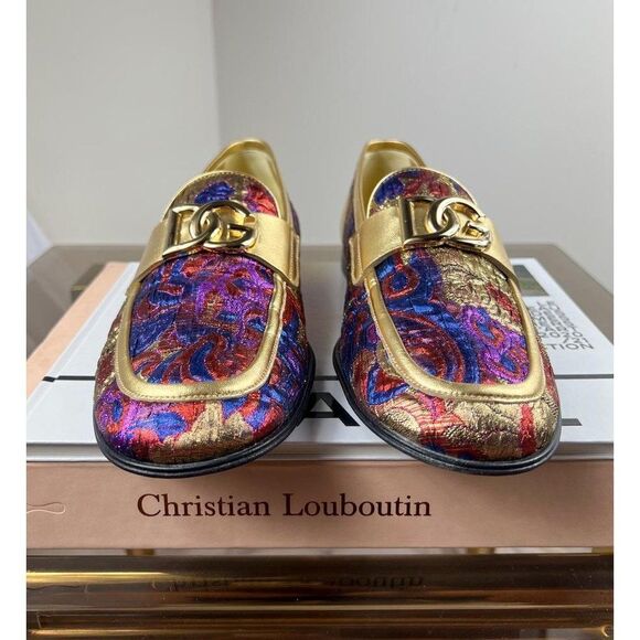 DOLCE & GABBANA Multicolor Jacquard Gold-Tone DG Logo Slip-On Loafers Si… - Picture 5 of 16